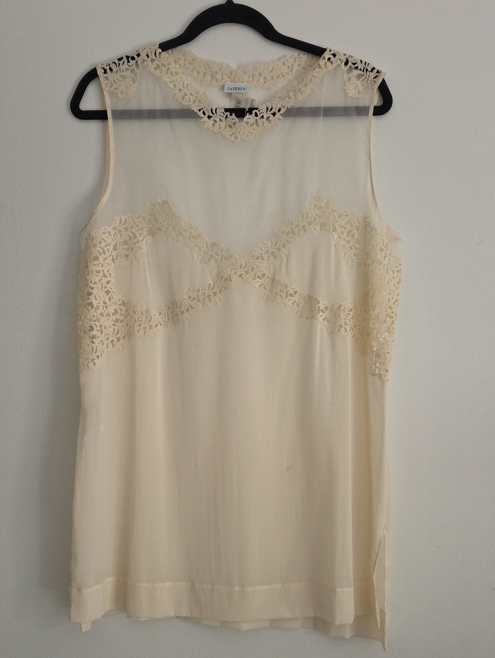 La Perla Ivory Petit Macrame Collection- Lace-Trim Chemise 80% Silk L Size